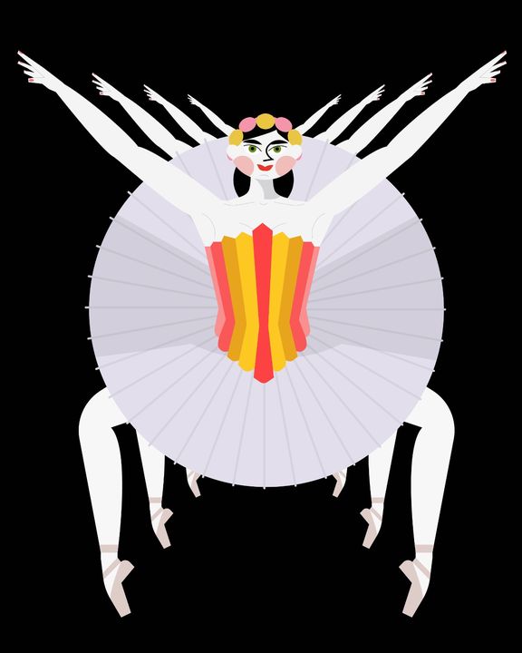 Ballerina in a white tutu with arms raised, on black