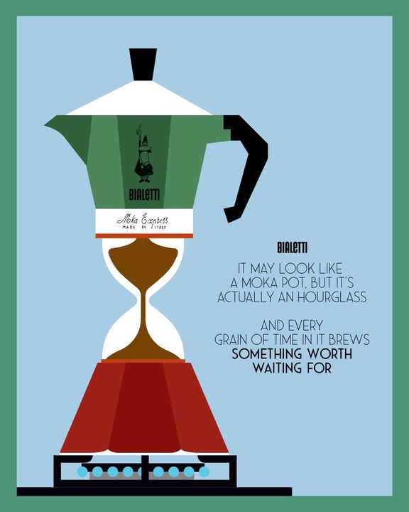 Bialetti moka pot drawn as an hourglass, on pale blue in a green frame