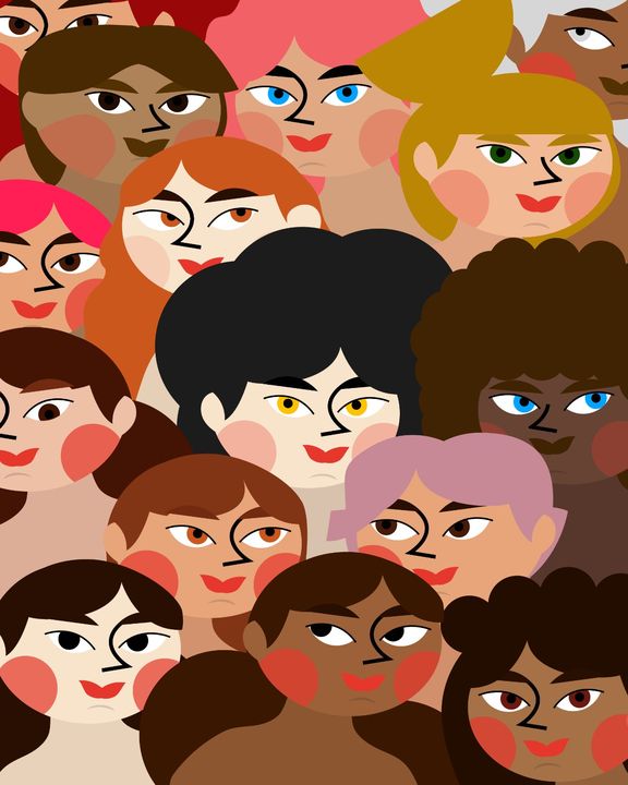 A dense crowd of faces with many skin tones and hairstyles