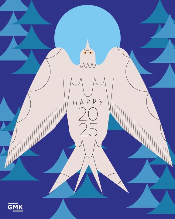 White swallow with Happy 2025 on its body, over blue triangles and a pale moon