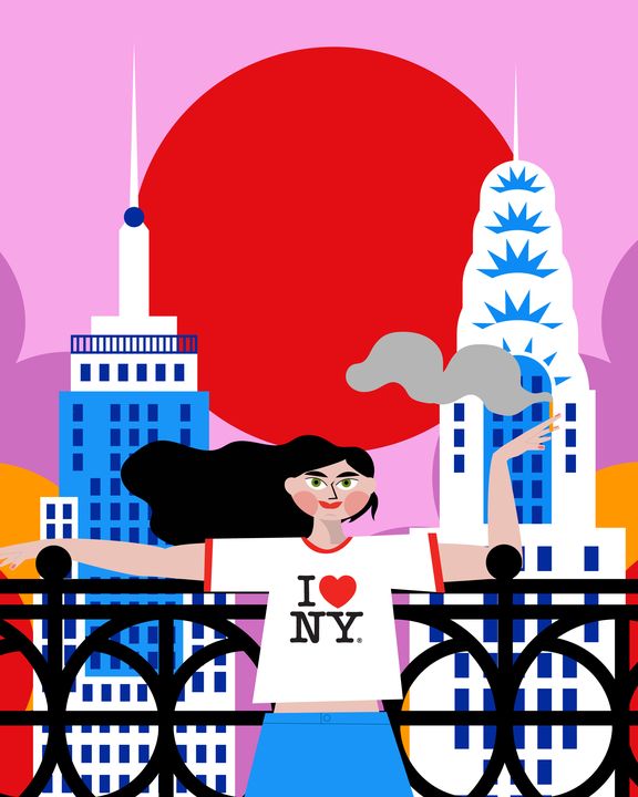 Woman in an I love NY shirt on a bridge, red sun and skyscrapers behind, on pink