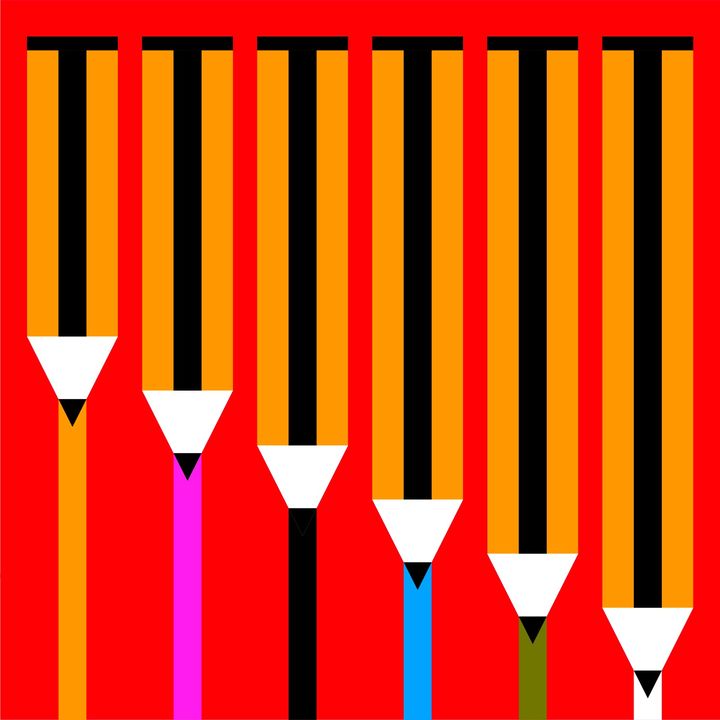 Row of sharpened pencils pointing down on red