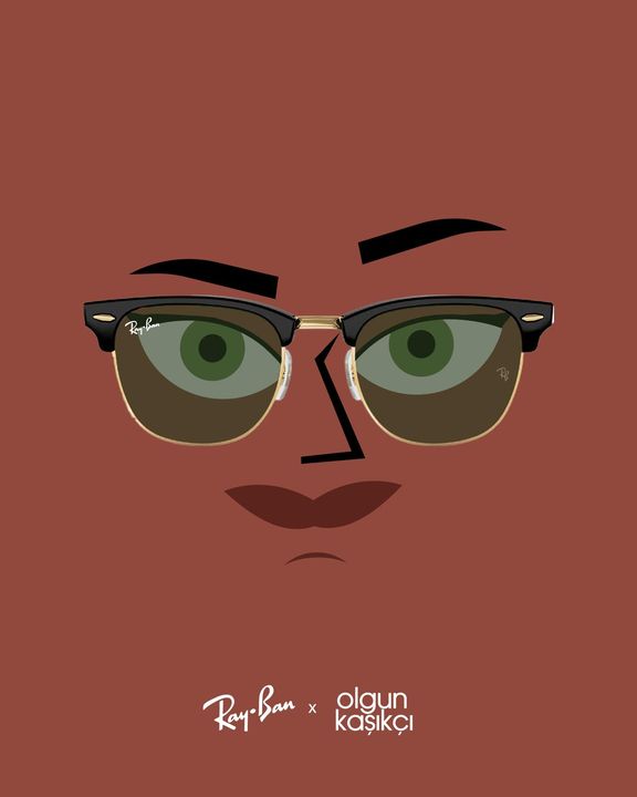 Face in Clubmaster sunglasses on brick brown, Ray-Ban and Olgun Kaşıkçı marks below
