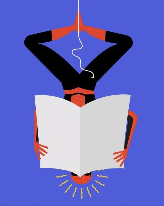 Figure seen from above reading a newspaper, legs crossed, on cobalt