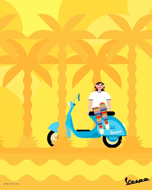 Rider on a pale blue Vespa among yellow palm trees
